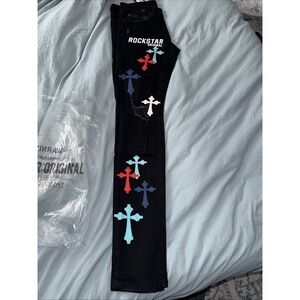 Rockstar Jeans Men 30x32 Black Brody Patchwork Ultra Slim Cross Distressed Denim